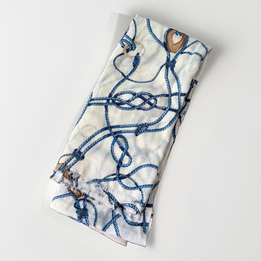 Nautical Rope Chain Print Scarf White Blue Brown Equestrian Coastal Shawl 68x29